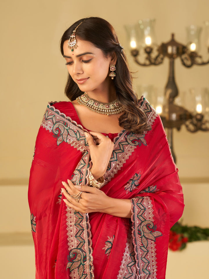 Rani Pink Designer Fendy Satin Saree with Heavy Embroidered Border | Festive Party Wear Saree with Floral Embroidery & Matching Blouse