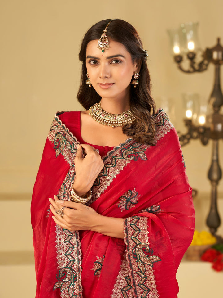 Rani Pink Designer Fendy Satin Saree with Heavy Embroidered Border | Festive Party Wear Saree with Floral Embroidery & Matching Blouse