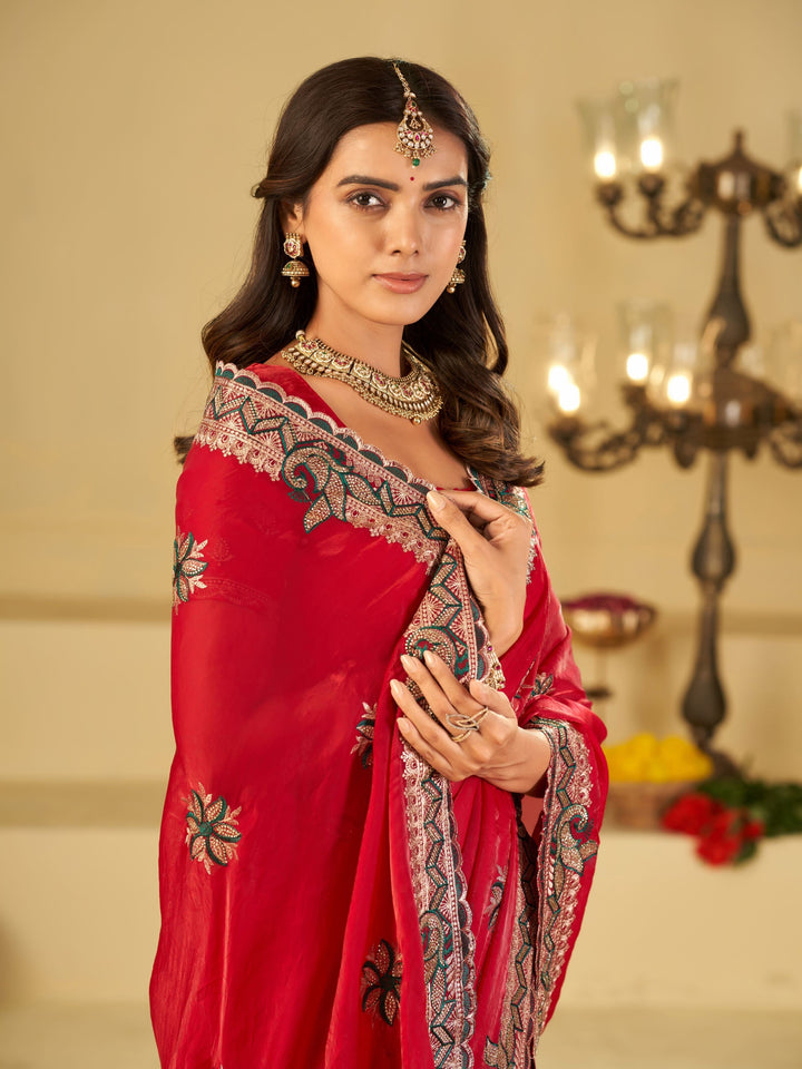 Rani Pink Designer Fendy Satin Saree with Heavy Embroidered Border | Festive Party Wear Saree with Floral Embroidery & Matching Blouse