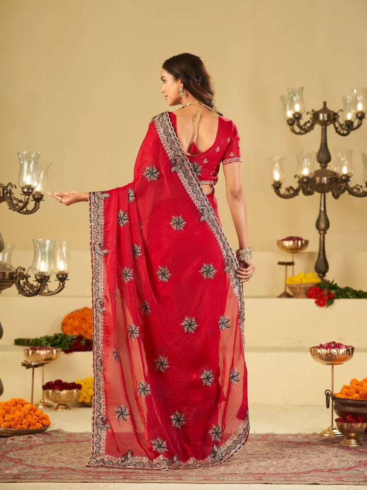 Rani Pink Designer Fendy Satin Saree with Heavy Embroidered Border | Festive Party Wear Saree with Floral Embroidery & Matching Blouse