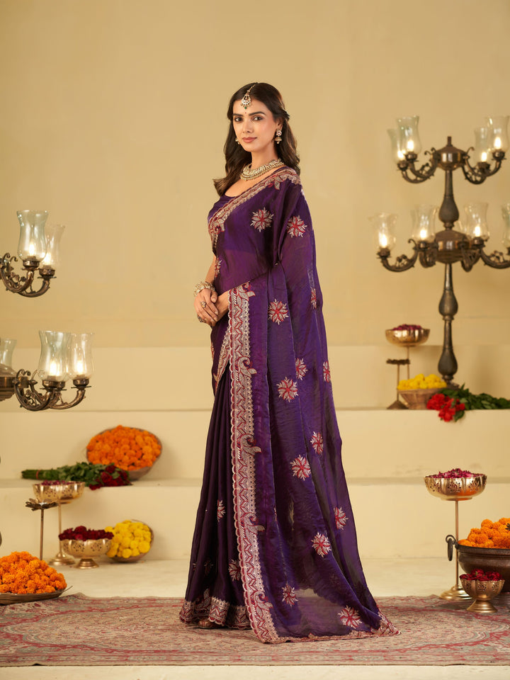 Royal Purple Designer Fendy Satin Saree with Floral Embroidery Work | Premium Wedding Party Wear Saree with Heavy Embroidered Border & Blouse