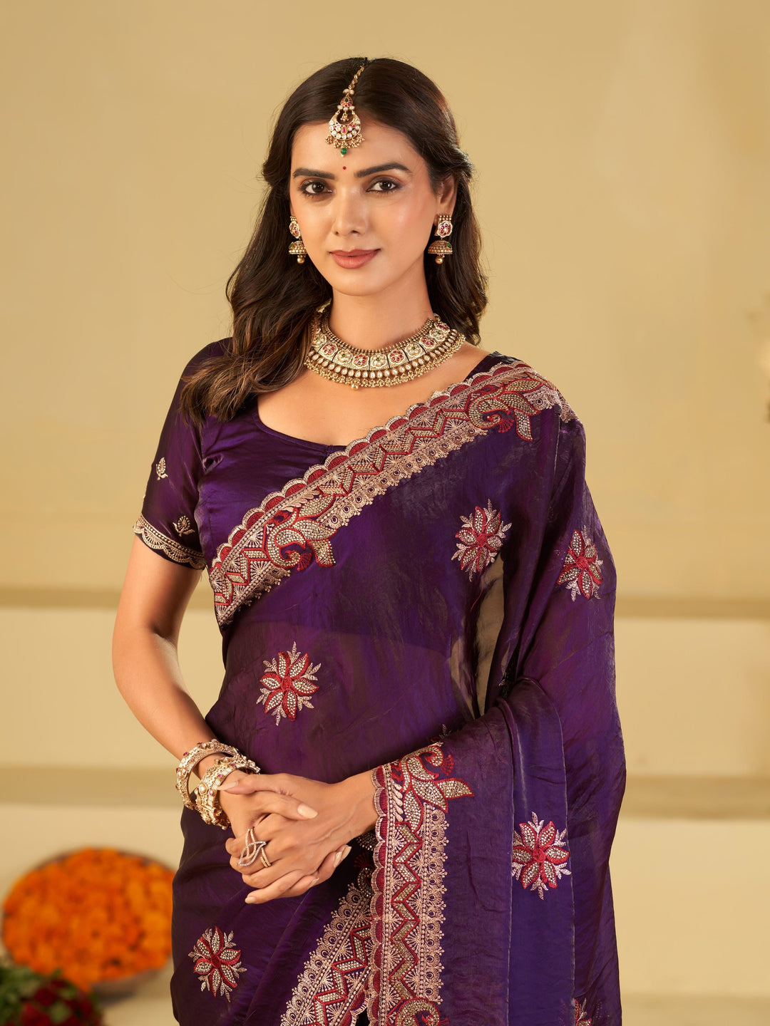 Royal Purple Designer Fendy Satin Saree with Floral Embroidery Work | Premium Wedding Party Wear Saree with Heavy Embroidered Border & Blouse