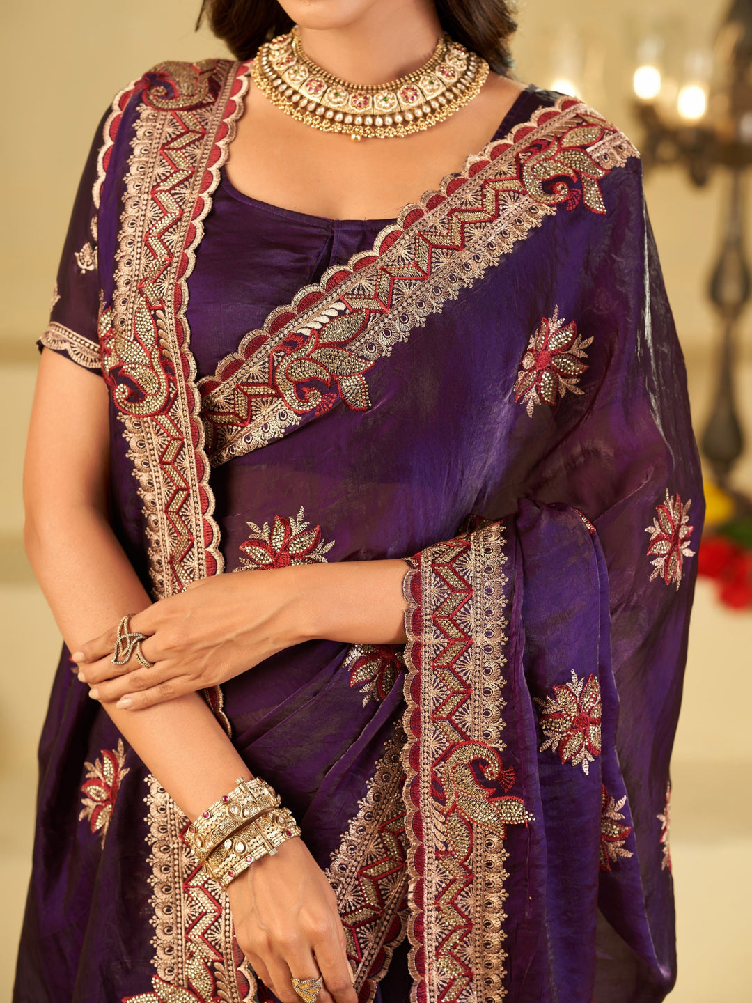 Royal Purple Designer Fendy Satin Saree with Floral Embroidery Work | Premium Wedding Party Wear Saree with Heavy Embroidered Border & Blouse