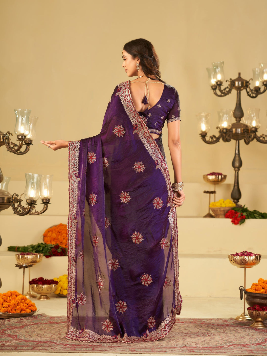 Royal Purple Designer Fendy Satin Saree with Floral Embroidery Work | Premium Wedding Party Wear Saree with Heavy Embroidered Border & Blouse