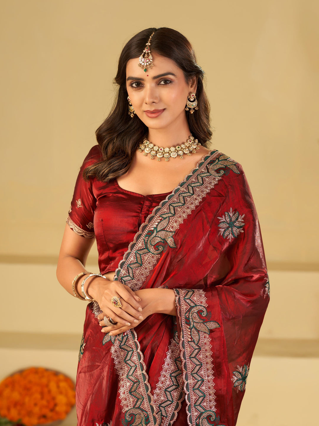 Ruby Red Designer Fendy Satin Saree with Floral Embroidery Work | Premium Wedding Party Wear Saree with Heavy Embroidered Border & Blouse