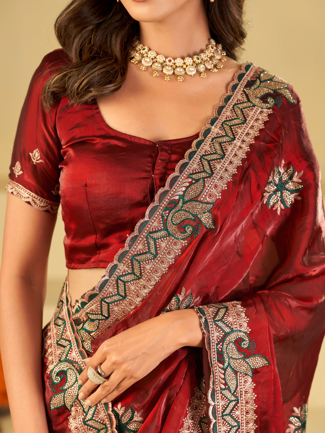 Ruby Red Designer Fendy Satin Saree with Floral Embroidery Work | Premium Wedding Party Wear Saree with Heavy Embroidered Border & Blouse