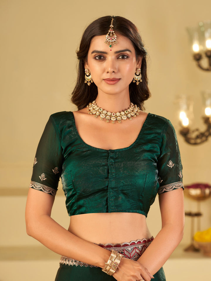 Emerald Green Designer Fendy Satin Saree with Heavy Floral Embroidery Work | Premium Wedding Party Wear Saree with Embroidered Border & Blouse
