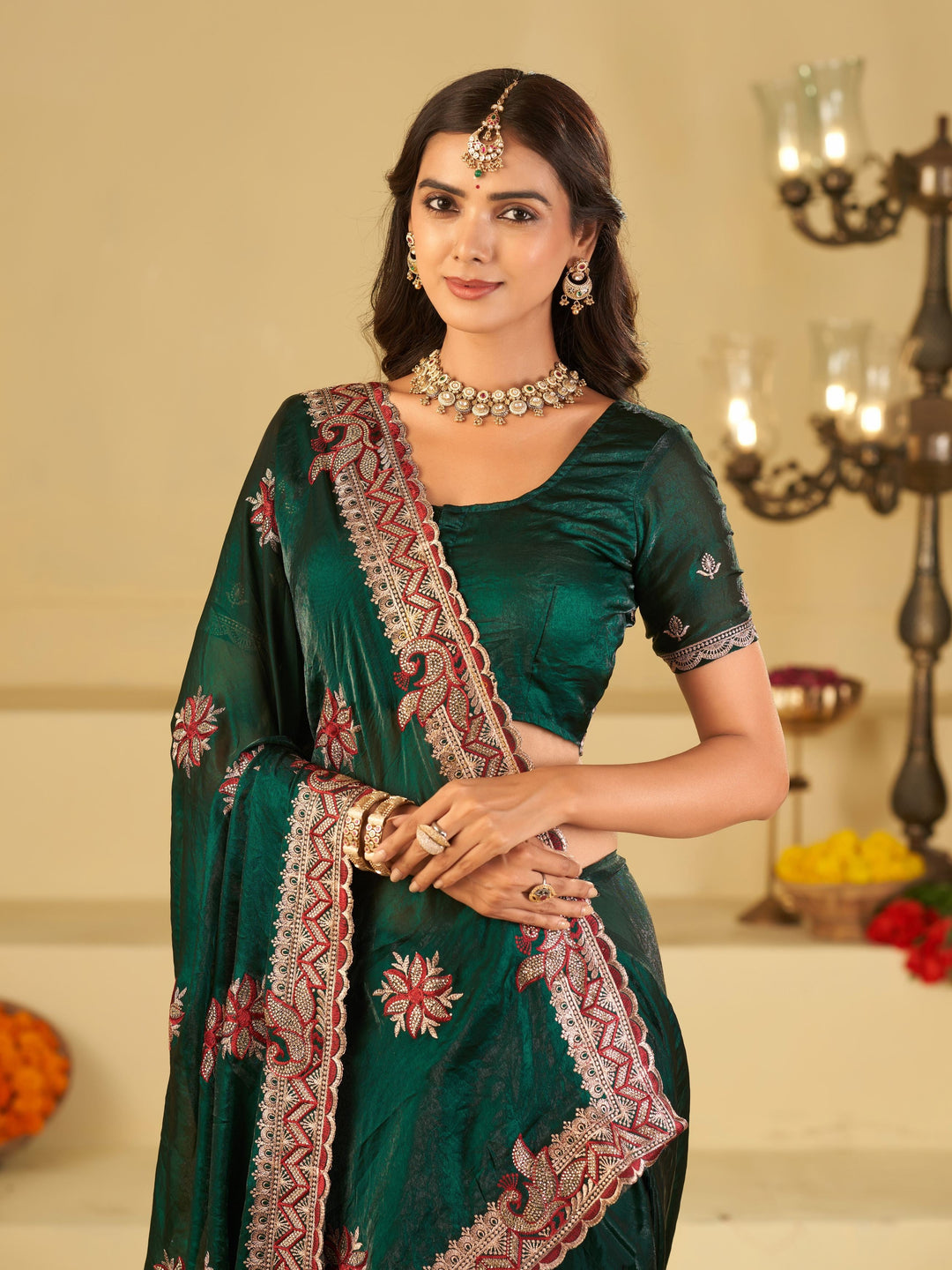 Emerald Green Designer Fendy Satin Saree with Heavy Floral Embroidery Work | Premium Wedding Party Wear Saree with Embroidered Border & Blouse