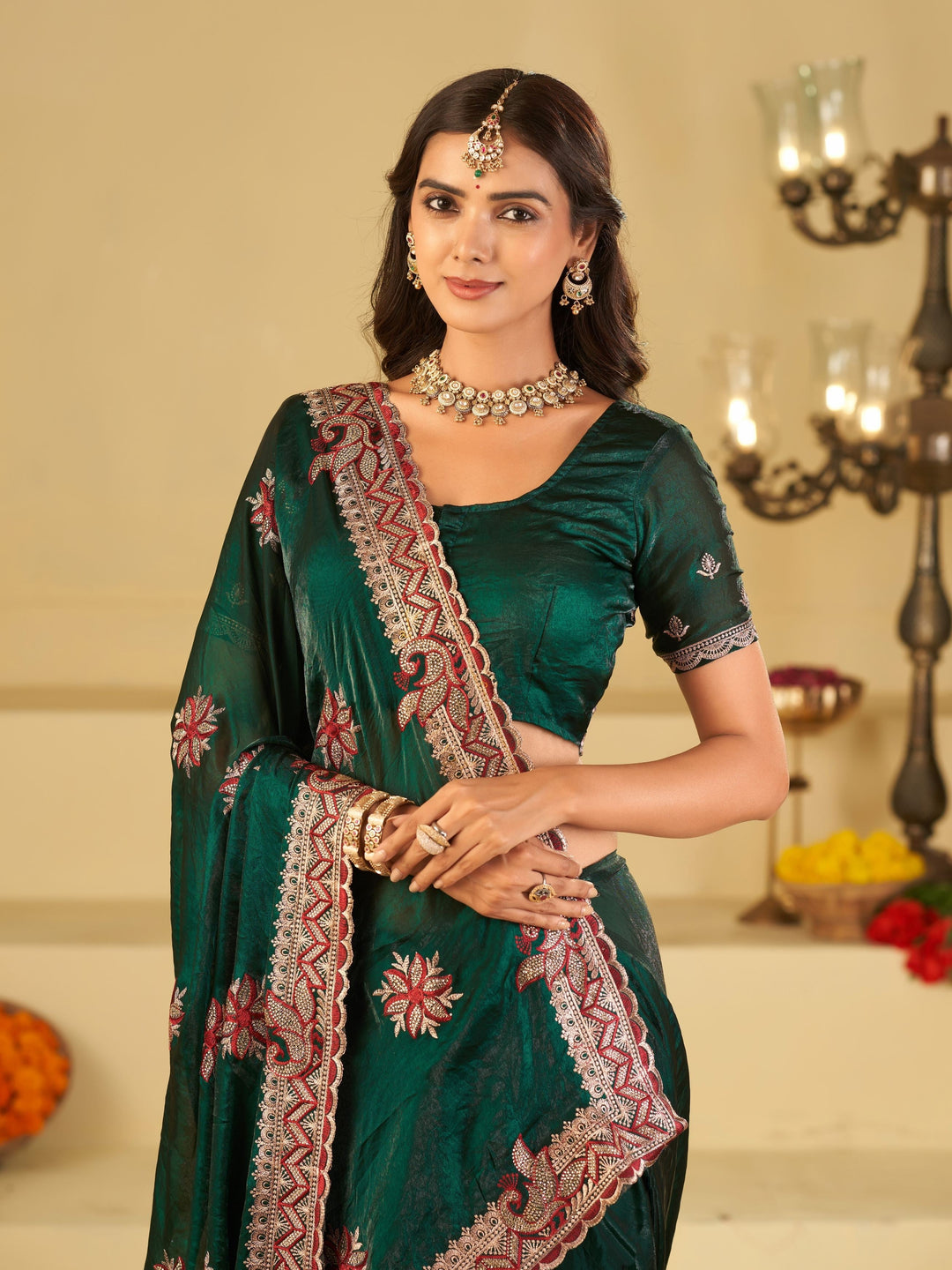 Emerald Green Designer Fendy Satin Saree with Heavy Floral Embroidery Work | Premium Wedding Party Wear Saree with Embroidered Border & Blouse