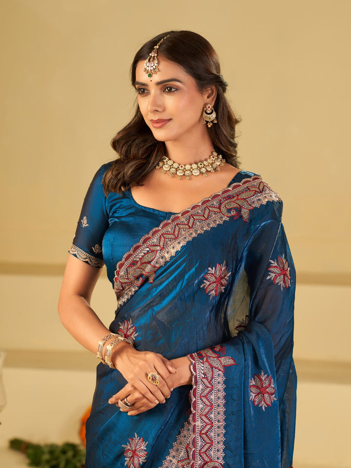 Royal Blue Designer Fendy Satin Saree with Floral Embroidery Work | Premium Party Wear Saree with Heavy Embroidered Border & Blouse