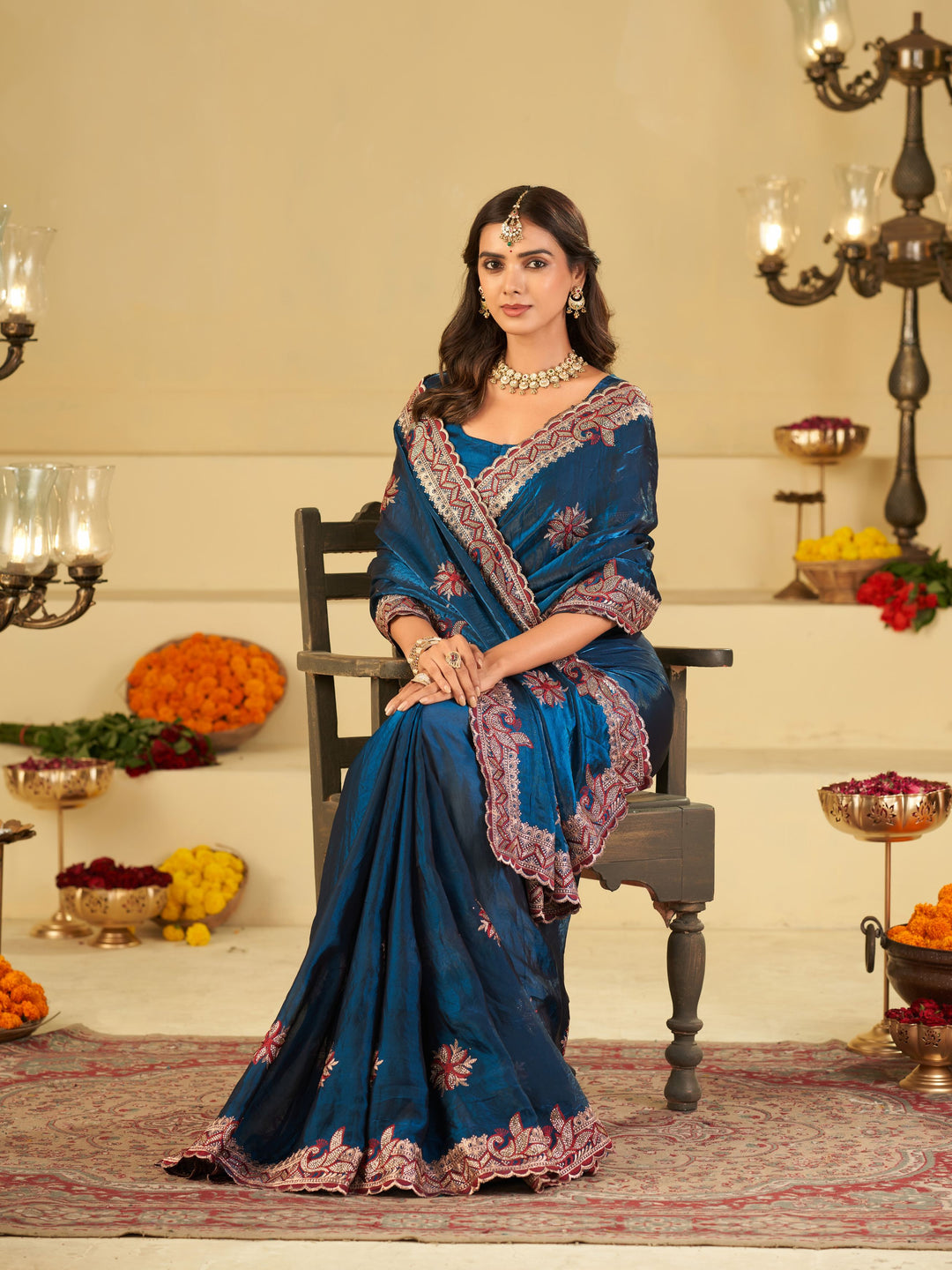 Royal Blue Designer Fendy Satin Saree with Floral Embroidery Work | Premium Party Wear Saree with Heavy Embroidered Border & Blouse