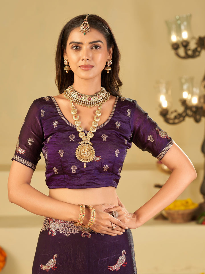 Royal Purple Designer Fendy Satin Saree with Peacock Embroidery & Heavy Embroidered Border | Premium Wedding Party Wear Saree