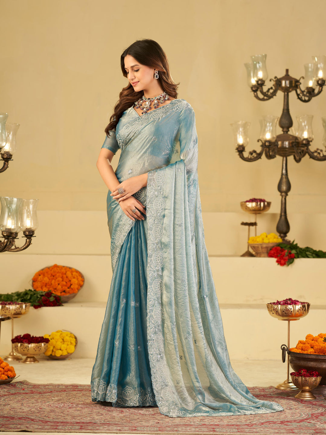 Sky Blue Fendy Satin Saree with White Floral Embroidery Border | Elegant Designer Party Wear Saree with Blouse