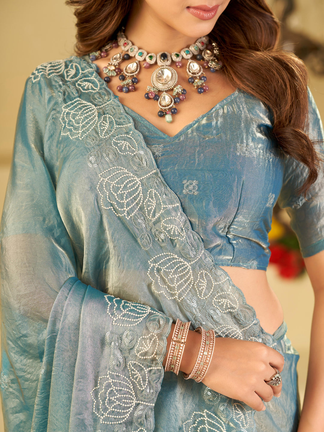 Sky Blue Fendy Satin Saree with White Floral Embroidery Border | Elegant Designer Party Wear Saree with Blouse