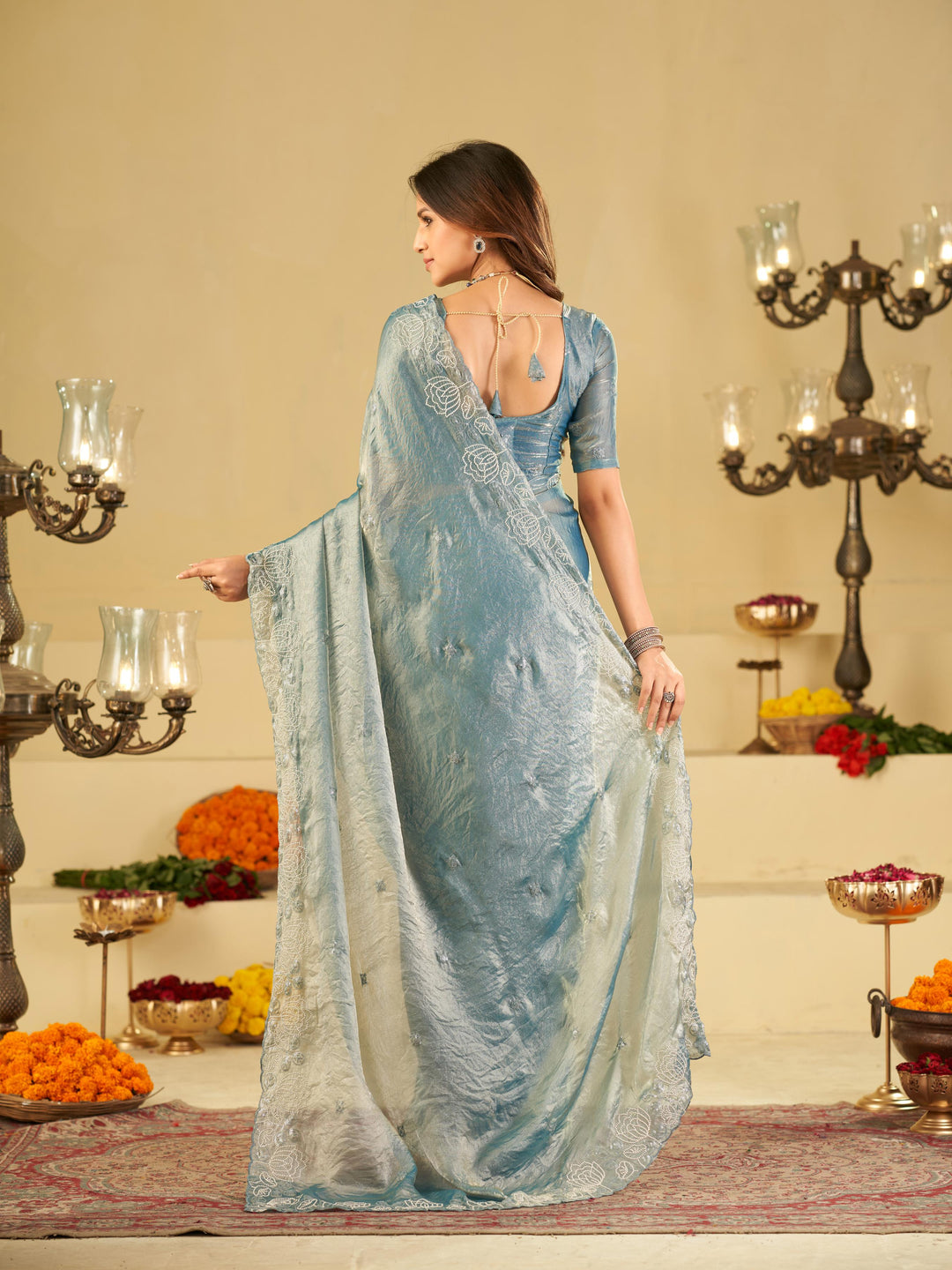 Sky Blue Fendy Satin Saree with White Floral Embroidery Border | Elegant Designer Party Wear Saree with Blouse