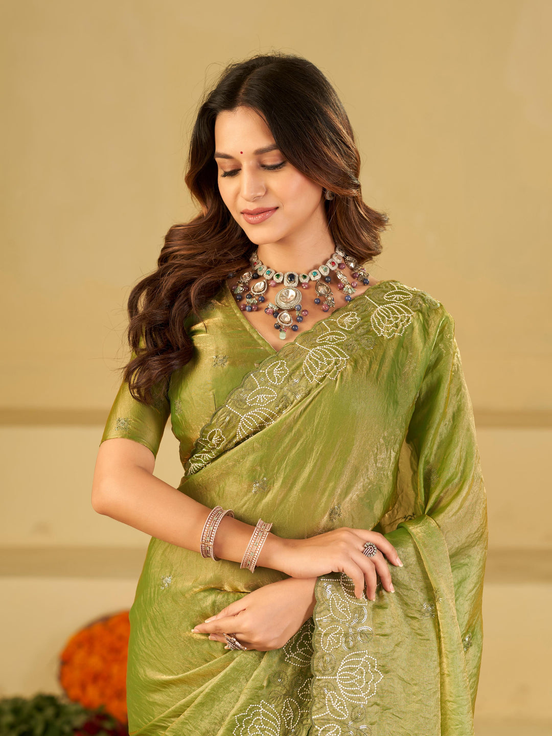 Pista Green Fendy Satin Saree with White Floral Embroidery Border | Elegant Designer Party Wear Saree with Blouse