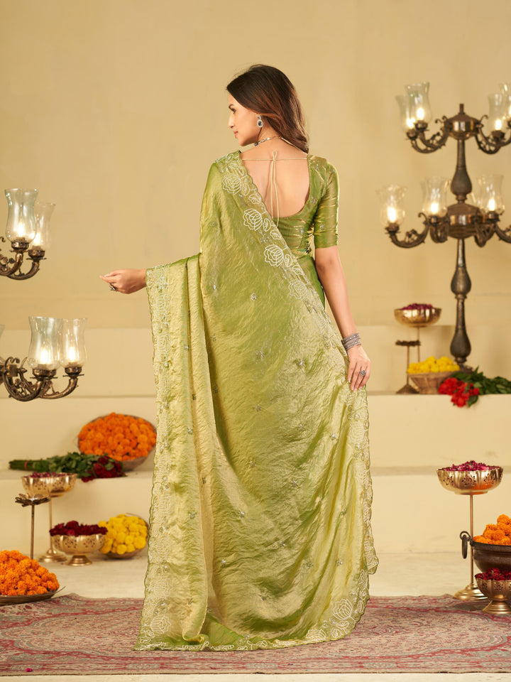 Pista Green Fendy Satin Saree with White Floral Embroidery Border | Elegant Designer Party Wear Saree with Blouse