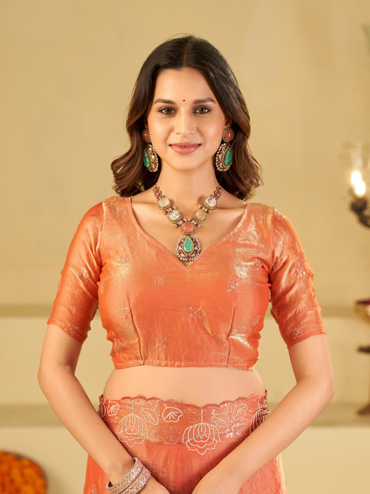 Peach Orange Fendy Satin Saree with White Floral Embroidery Border | Elegant Designer Party Wear Saree with Blouse