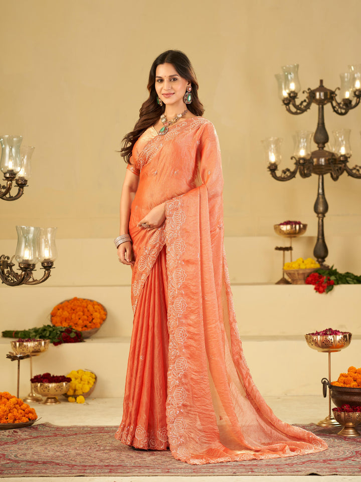 Peach Orange Fendy Satin Saree with White Floral Embroidery Border | Elegant Designer Party Wear Saree with Blouse