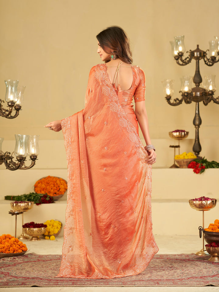 Peach Orange Fendy Satin Saree with White Floral Embroidery Border | Elegant Designer Party Wear Saree with Blouse