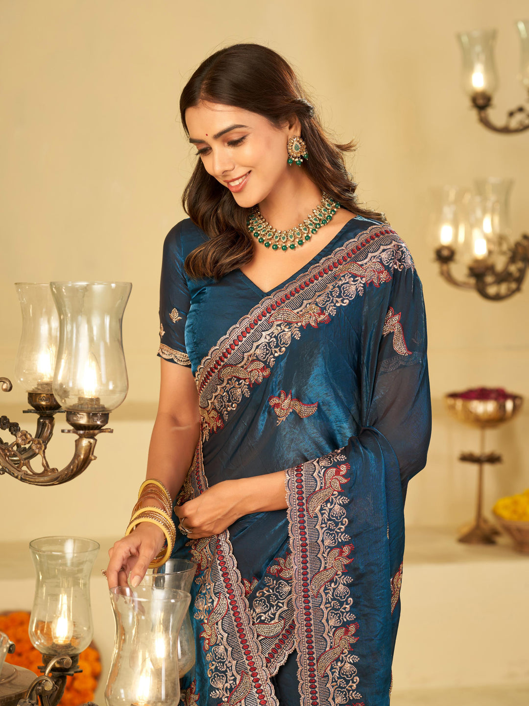 Royal Blue Designer Fendy Satin Saree with Heavy Embroidered Border | Premium Festive Party Wear Saree with Intricate Embroidery & Matching Blouse
