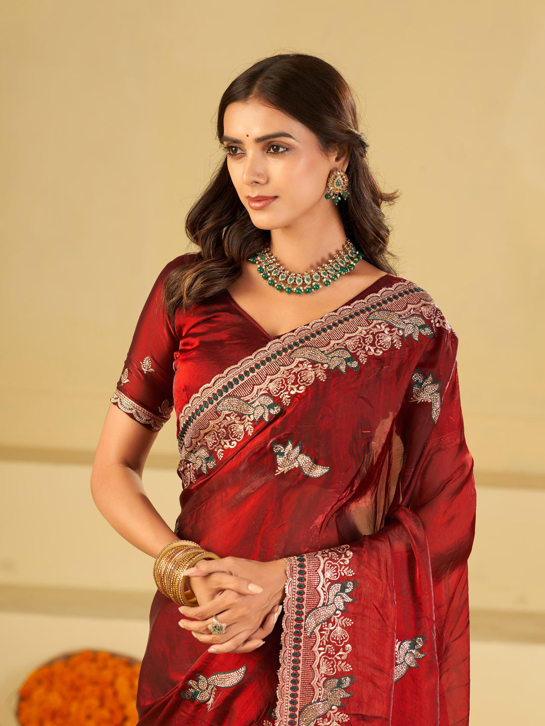 Maroon Designer Fendy Satin Saree with Heavy Embroidered Border | Premium Wedding Party Wear Saree with Intricate Embroidery & Matching Blouse