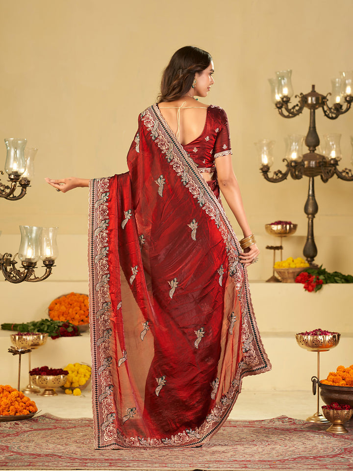Maroon Designer Fendy Satin Saree with Heavy Embroidered Border | Premium Wedding Party Wear Saree with Intricate Embroidery & Matching Blouse