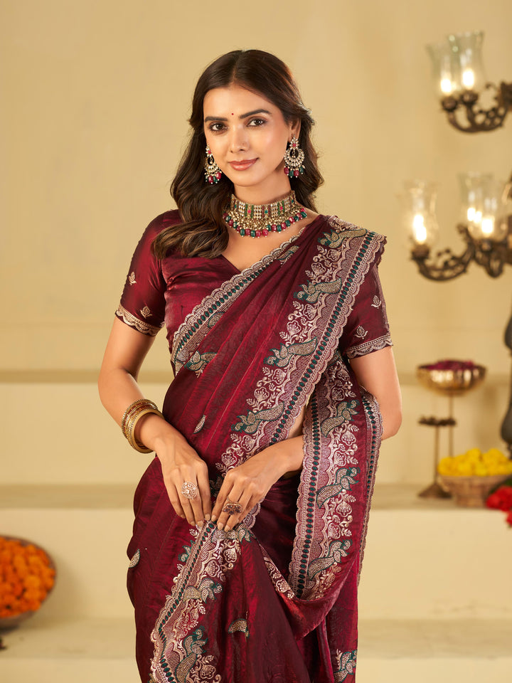 Wine Maroon Designer Fendy Satin Saree with Heavy Embroidered Border | Premium Festive Party Wear Saree with Elegant Embroidery & Matching Blouse