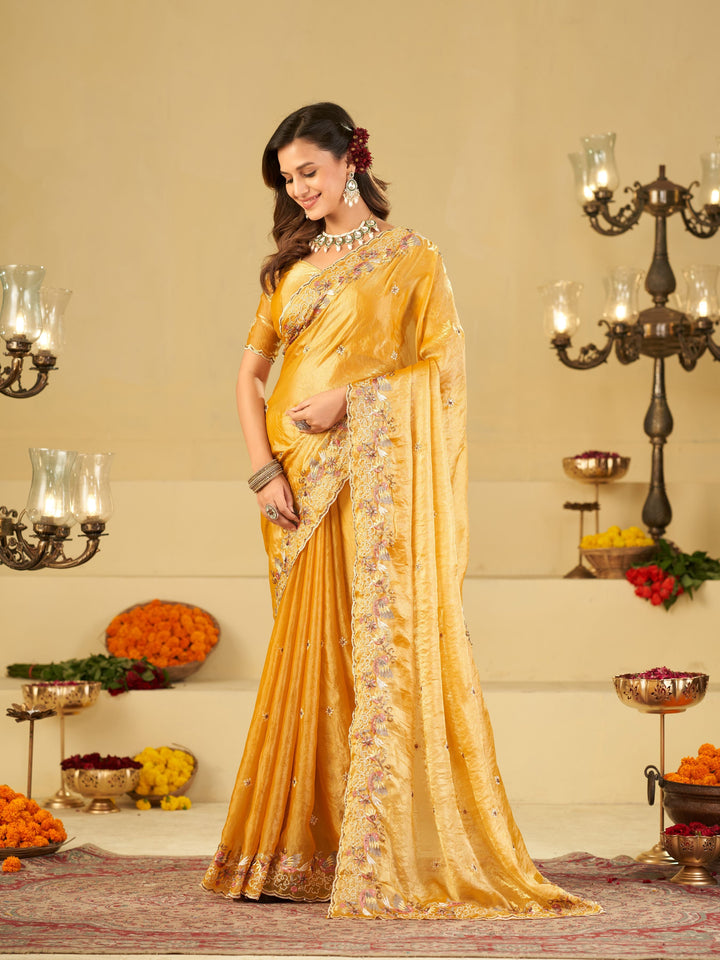 Mustard Yellow Fendy Satin Saree with Multicolor Floral Embroidery Border | Elegant Designer Party Wear Saree with Blouse