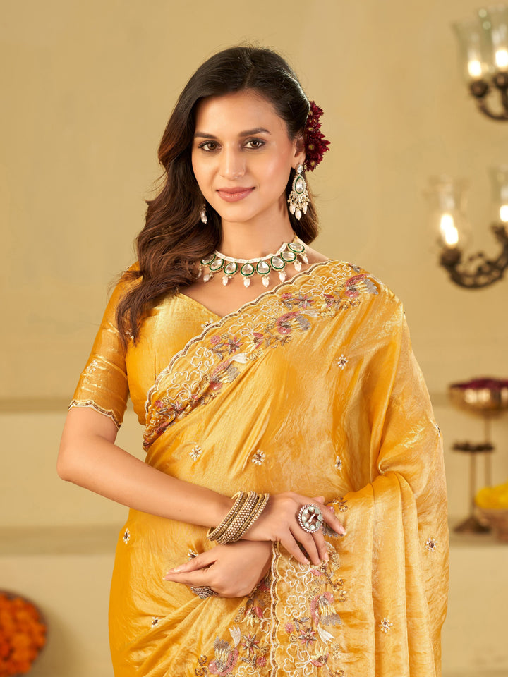 Mustard Yellow Fendy Satin Saree with Multicolor Floral Embroidery Border | Elegant Designer Party Wear Saree with Blouse