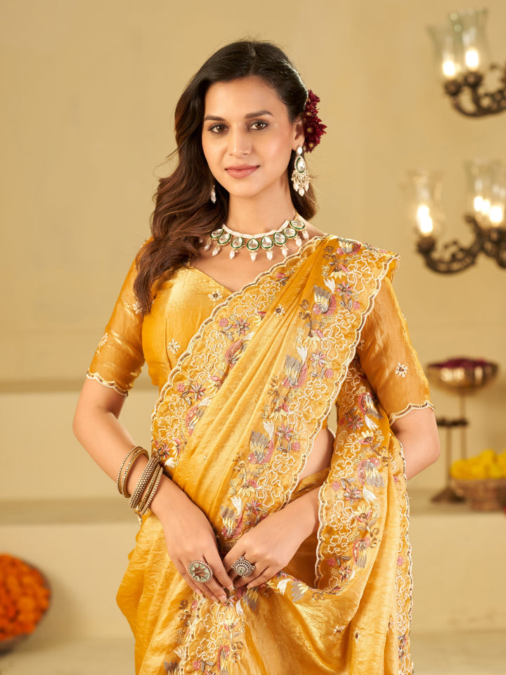 Mustard Yellow Fendy Satin Saree with Multicolor Floral Embroidery Border | Elegant Designer Party Wear Saree with Blouse