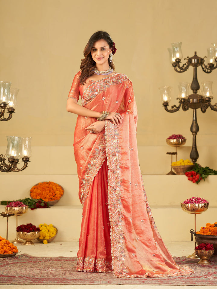 Peach Pink Fendy Satin Saree with Multicolor Floral Embroidery Border | Elegant Designer Party Wear Saree with Blouse