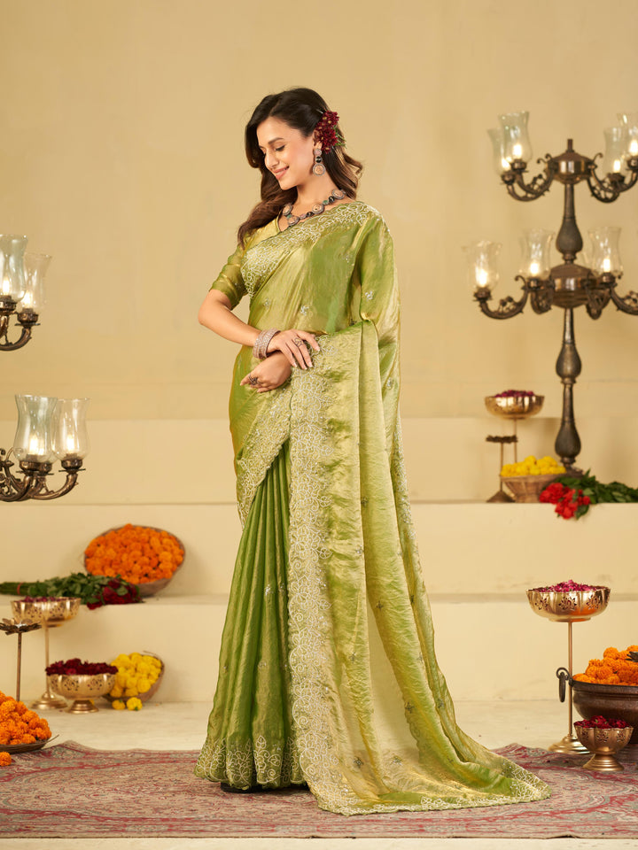 Pista Green Fendy Satin Saree with White Floral Embroidery Border | Elegant Designer Party Wear Saree with Blouse