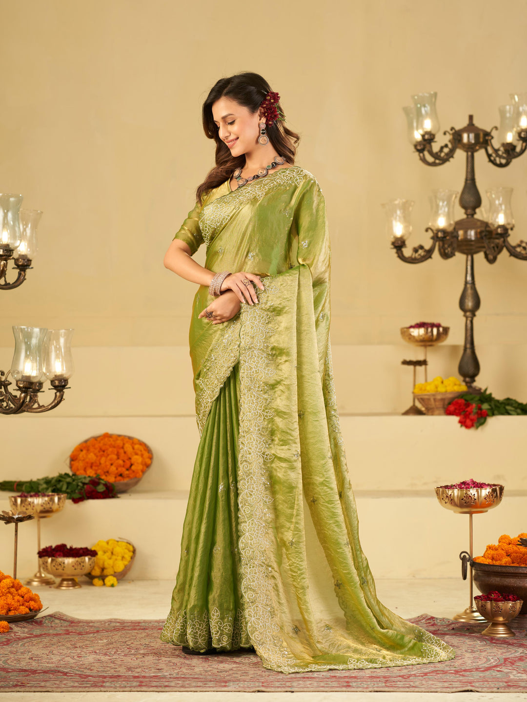 Pista Green Fendy Satin Saree with White Floral Embroidery Border | Elegant Designer Party Wear Saree with Blouse