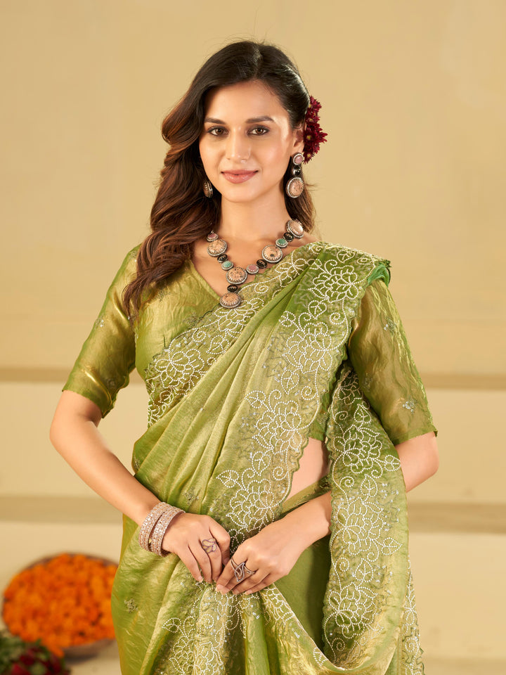 Pista Green Fendy Satin Saree with White Floral Embroidery Border | Elegant Designer Party Wear Saree with Blouse