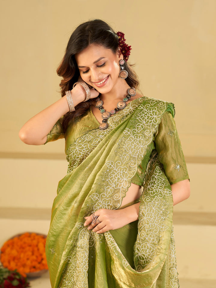Pista Green Fendy Satin Saree with White Floral Embroidery Border | Elegant Designer Party Wear Saree with Blouse