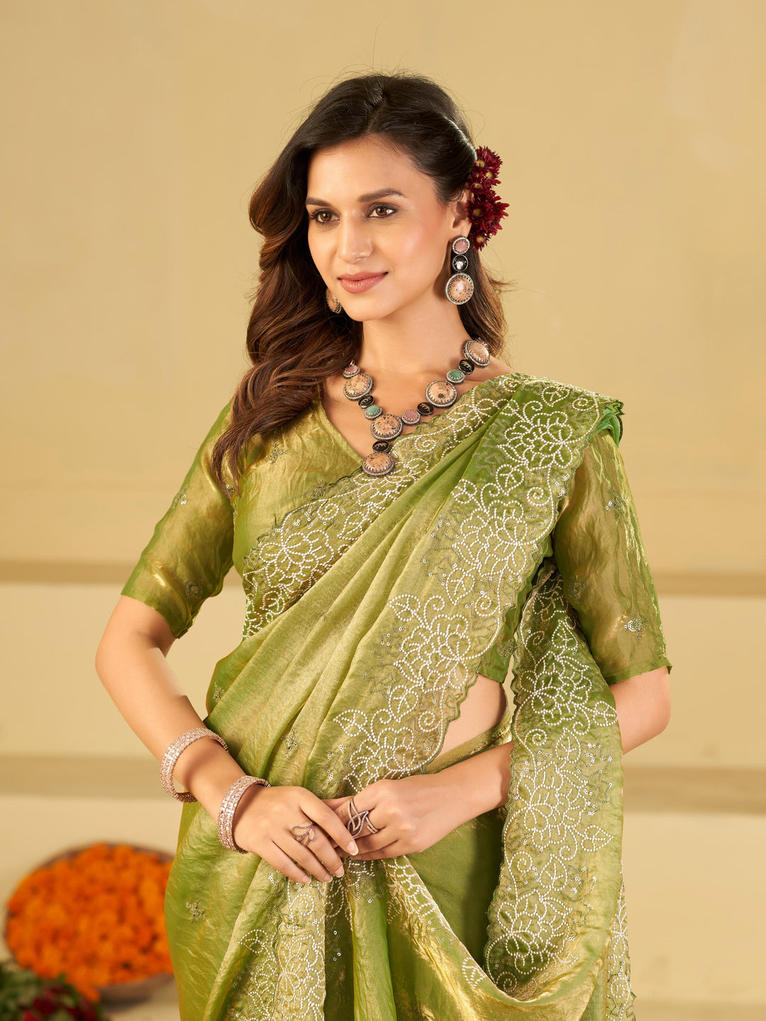 Pista Green Fendy Satin Saree with White Floral Embroidery Border | Elegant Designer Party Wear Saree with Blouse