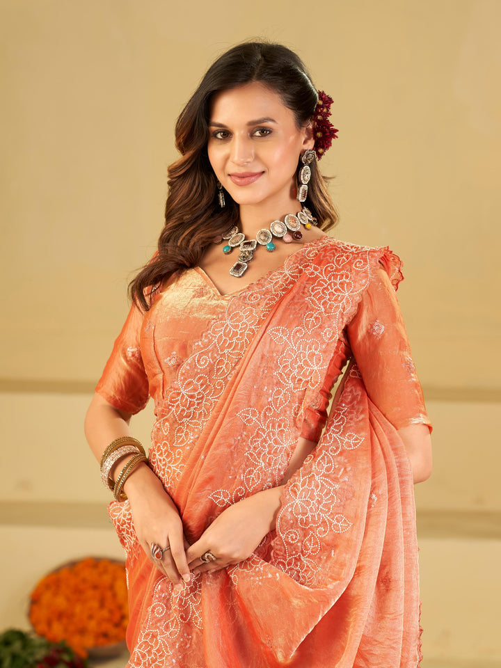 Peach Fendy Satin Saree with White Floral Embroidery Border | Elegant Designer Party Wear Saree with Blouse