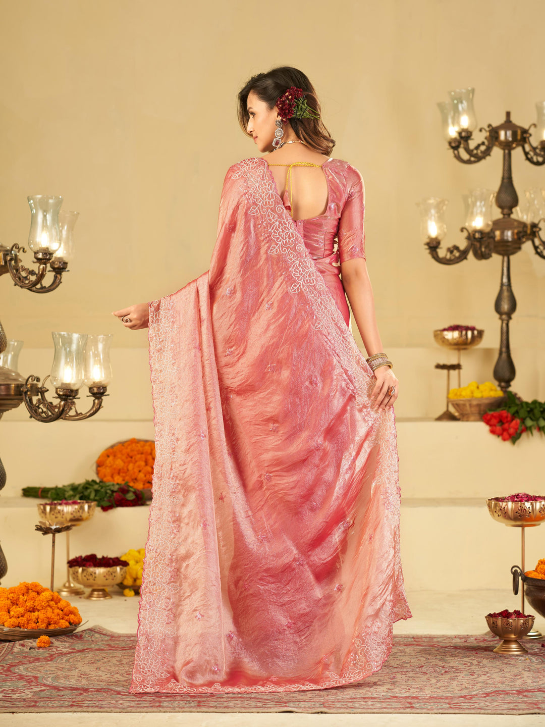 Baby Pink Fendy Satin Saree with White Floral Embroidery Border | Elegant Designer Party Wear Saree with Blouse