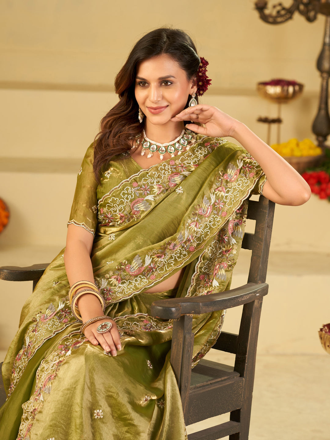 Olive Green Fendy Satin Saree with Multicolor Floral Embroidery Border | Designer Festive Party Wear Saree with Blouse