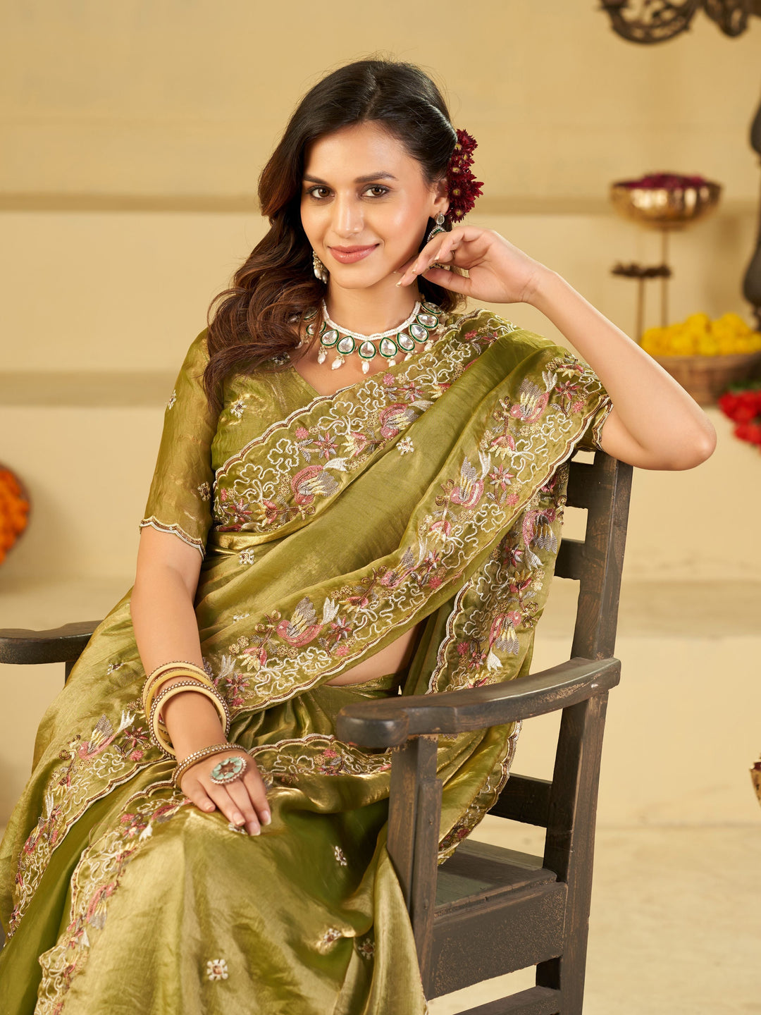 Olive Green Fendy Satin Saree with Multicolor Floral Embroidery Border | Designer Festive Party Wear Saree with Blouse