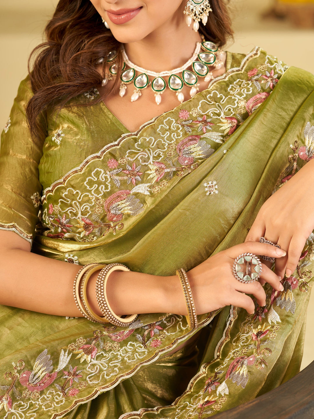 Olive Green Fendy Satin Saree with Multicolor Floral Embroidery Border | Designer Festive Party Wear Saree with Blouse