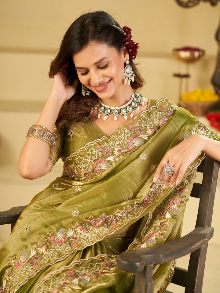 Olive Green Fendy Satin Saree with Multicolor Floral Embroidery Border | Designer Festive Party Wear Saree with Blouse