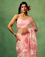 Rose Pink Pure Organza Saree with Hand-Painted Multi-Floral Motifs & Sequin Highlights | Satin Blouse