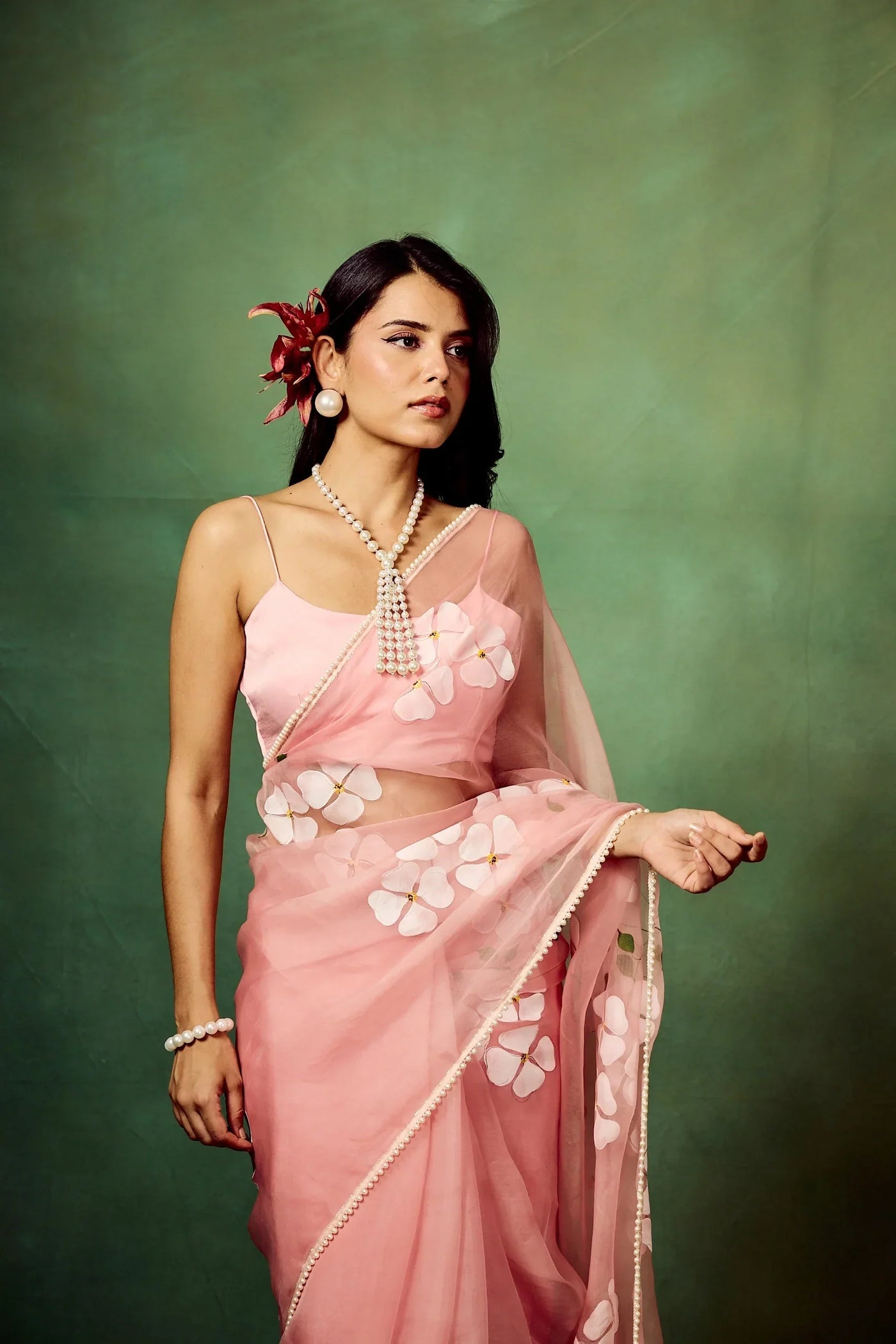 Blush Pink Pure Organza Saree with Hand-Painted White Floral Motifs & Sequin Accents | Satin Blouse