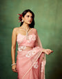 Blush Pink Pure Organza Saree with Hand-Painted White Floral Motifs & Sequin Accents | Satin Blouse