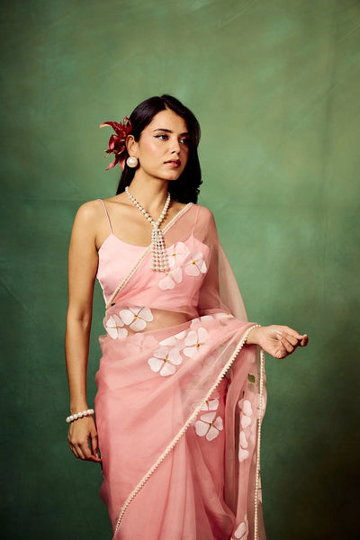 Blush Pink Pure Organza Saree with Hand-Painted White Floral Motifs & Sequin Accents | Satin Blouse