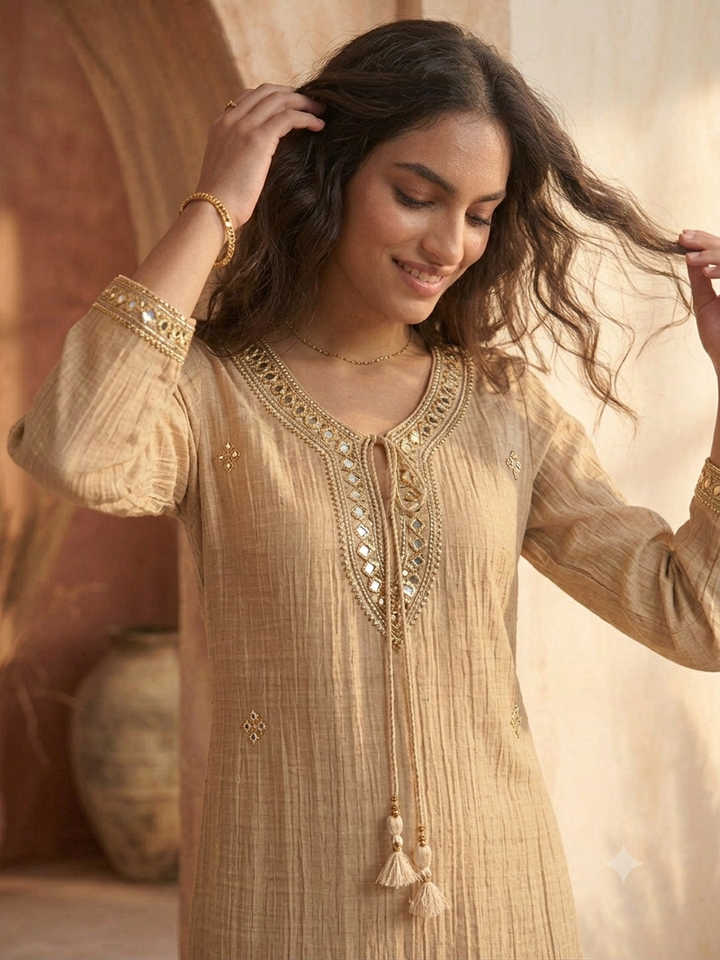 Handwork Necklace Neckline Crushed Organza Sharara Set in Salsa Beige
