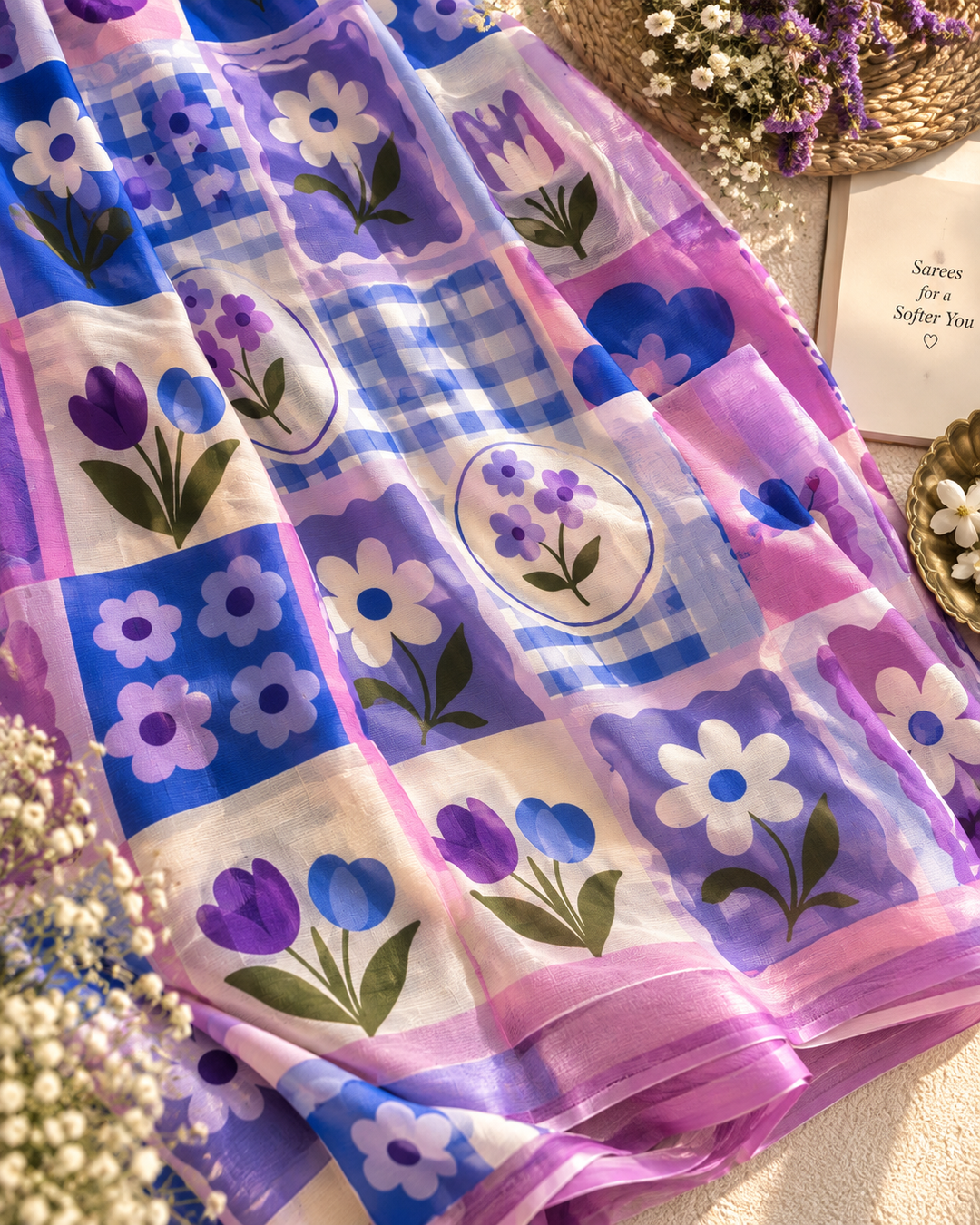 Lilac Blue Chinnon Saree with Retro Floral Patchwork & Check Print and Attached Blouse Piece