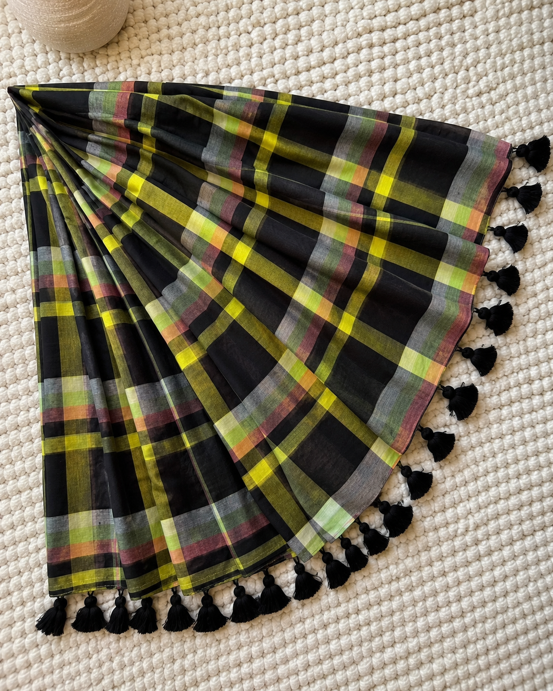 Black Multicolour Madras Checkered Mul Cotton Saree with Tassels & Attached Blouse Piece